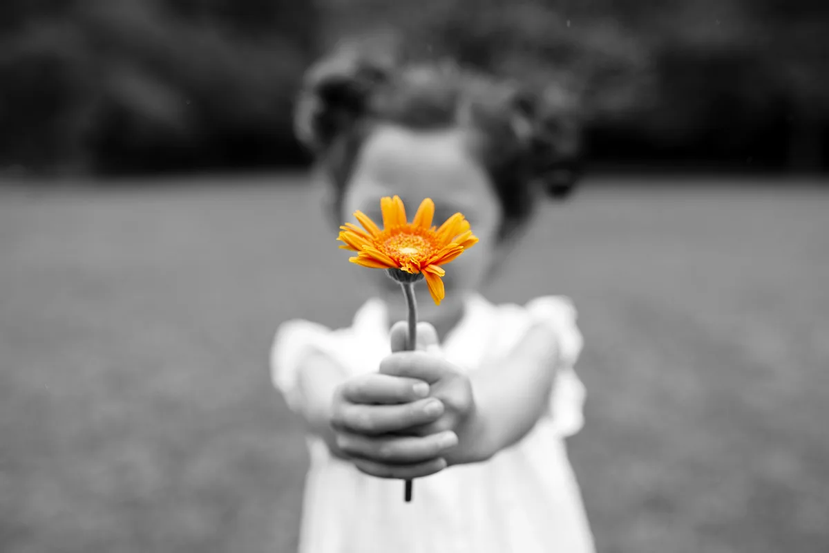 Danke - kleines Mädchen auf einer Wiese, streckt mit beiden Armen eine orange Blume nach vorne, der Rest des Bildes ist schwarz weiss und weichgezeichnet